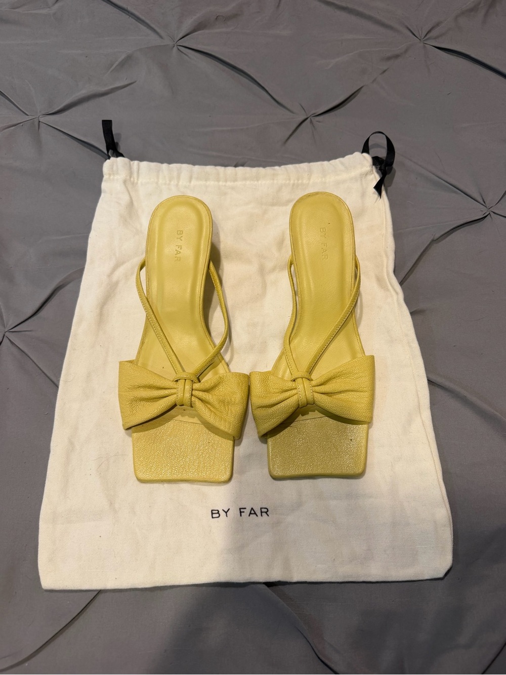 BY FAR Lemon Yellow Bow Square-Toe Slide Mules